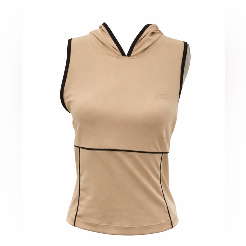 AVIA Cropped Hooded Fitness Top Large L Beige Black Trim Sleeveless Activewear